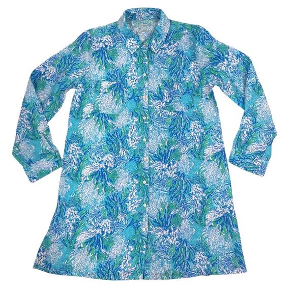 LILLY PULITZER Lagoon Linen Cover-Up Shirt Dress Women S Oversize Beach Resort - Picture 7 of 16